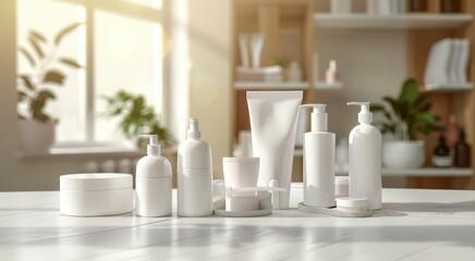Professional Female Bodycare Products for Skin Care, Arranged Neatly in a Spa Room. White mockup bottles, jars and soap dispenser with pump lid standing in row on table in spa room - obrazy, fototapety, plakaty