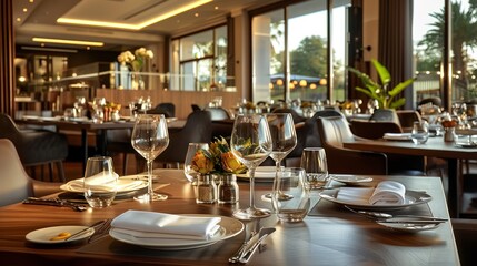 Luxurious Dining Tables Set for an Elegant Encounter in a Stylish Restaurant Environment