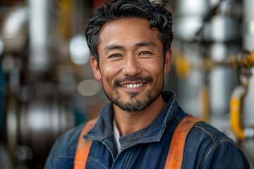 Asian construction worker on a white background smiling