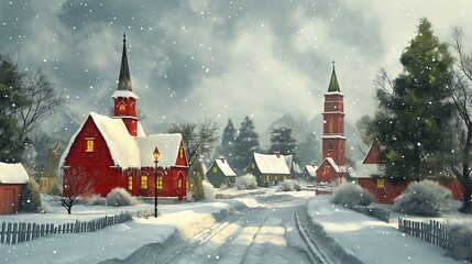 Vintage Style Christmas Village with Snow: Winter Landscape - obrazy, fototapety, plakaty