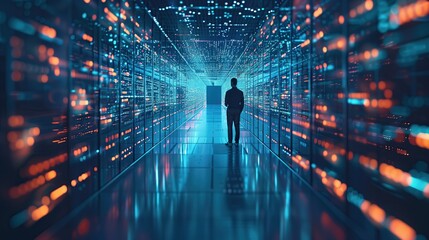 cutting edge vision tech guru in futuristic data center utilizing laptop amidst warehouse streamlined digitalization with server based information saas cloud computing web service empowered 