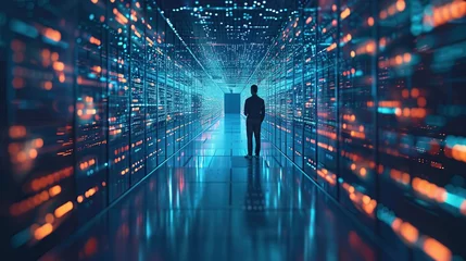 Deurstickers cutting edge vision tech guru in futuristic data center utilizing laptop amidst warehouse streamlined digitalization with server based information saas cloud computing web service empowered  © hisilly