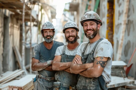 Portrait of smiling group of four construction workers in a small construction site, hyper realistic image, all people focused, white lighting, photo stock style