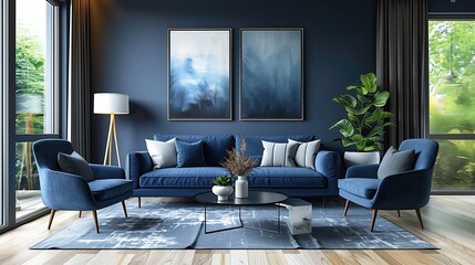 Dark Blue Sofa and Recliner Chair in Scandinavian Apartment Interior