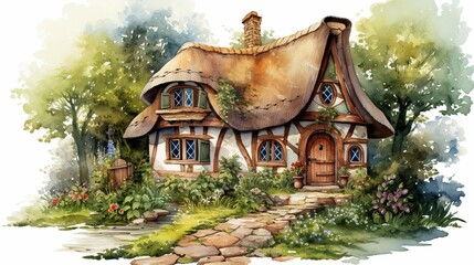 Fototapeta premium A highly detailed watercolor clipart illustration of a whimsical garden displayed on an absolutely white background