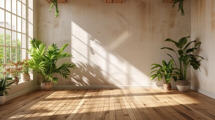 empty room of modern contemporary loft with plants on wooden floor 