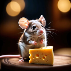 Retrato pequeño ratoncito junto a un trozo de queso 