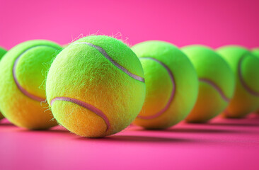 Vibrant Tennis Balls in a Row on Pink Background