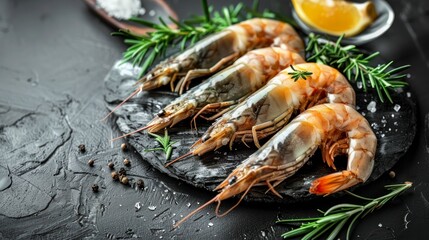 Fresh Raw Shrimps Accentuated with Rosemary on an Elegant Dark Background