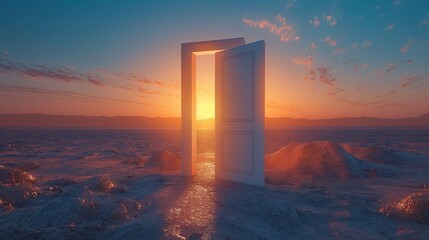 Opened Door on Desert: Unknown and Startup Concept - obrazy, fototapety, plakaty