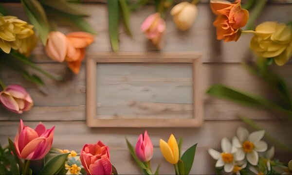 A wooden frame with a white background and a variety of flowers surrounding it 4K Video