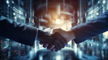Foto op Aluminium Close up of business people shaking hands against technology background, leader, teamwork, target, Aim, confident, achievement, goal, on plan, finish, generate by AI © pinkrabbit