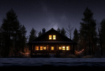 Warm Lights in a Secluded Forest Cabin. A Tranquil Nighttime Retreat Amidst the Snowy Wilderness