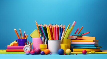 Obraz premium Vibrant back to school background with colorful pencils, books, and stationery arranged in a creative composition, school, education, creativity, stationery.