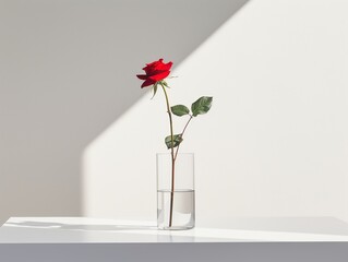 Fototapeta premium A single red rose in a glass vase on a stark white table
