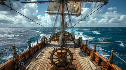 View of the deck from behind the ships wheel on an old pirate sailing ship in open sea on sunny day - obrazy, fototapety, plakaty