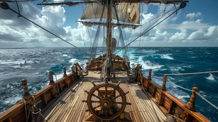  View of the deck from behind the ships wheel on an old pirate sailing ship in open sea on sunny day © Prasanth