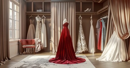 Designer Dreams - Elegance couture dressmaking shop with luxury evening gown, lace dress. Free-standing fitting room with curtain