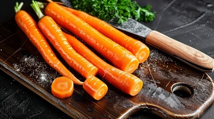 Crisp, Fresh Carrots Resting on a Cutting Surface with a Stark Black Contrast