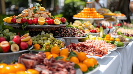 An Opulent Wedding Buffet with a Cornucopia of Meat, Fruits, and Vegetables
