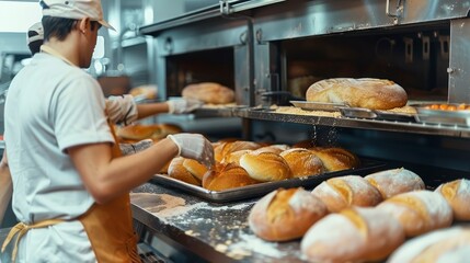 Skilled Bakers Gently Extracting Bread from the Oven's Embrace