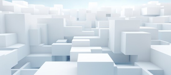 A white room is filled with numerous white cubes, creating a modern and abstract atmosphere. The cubes are neatly arranged throughout the space, giving a clean and minimalist look.