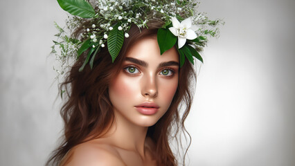 Naklejka premium Young beautiful woman with green leaves near face and body. Skin care beauty treatments concept. 