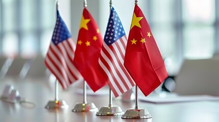 International Dialogue - The Flags of China and the USA Resting Side by Side on a Vacant Long Table