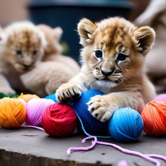 A baby lion cub pawing at a ball of yarn, playing with it as if it were a toy like humans play with balls or other objects. Generative AI.