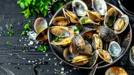 Fresh Clams Infused with White Wine and Sprinkled with Parsley, Presented on a Dark Background