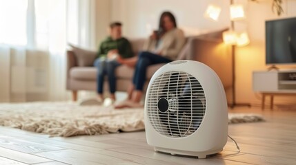 Comfort in the Cold - A Close-Up Shot of a Portable Heater Ensuring a Warm Living Room for the Happy Family
