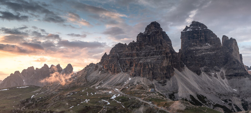 Tre Cime Di Lavaredo - majestic sunset. Dolomites. Italy (vt)