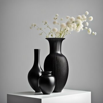 Black vases with white flowers