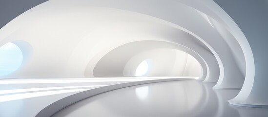 The image features a tunnel within a building, showcasing abstract architectural elements with smooth white surfaces. The tunnel leads the viewers gaze through a visually striking perspective.