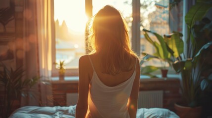 A Beautiful Woman Stands in the Fresh Morning Light, Welcoming the Day Ahead