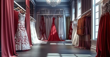 The Allure of a Couture Dressmaking Shop with Elegant Gowns and a Secluded Fitting Area