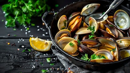 Fresh Seafood Clams Elegantly Paired with White Wine and Fragrant Parsley, on a Rustic Black Surface