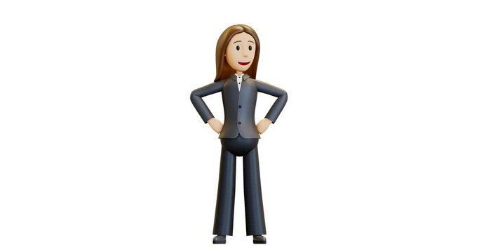 3D animation. Businesswoman in a suit. Office worker in a victory pose. 4k animation, alpha channel, in cartoon style, isolated. A friendly employee of the company coped with the task.