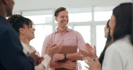 Business people, man and high five with success celebration for onboarding, partnership and happiness with thank you. Group, teamwork and employees with applause for diversity, welcome and promotion
