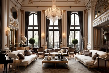 Antique Chandeliers and Luxurious Drapes: Art Nouveau Living Room Inspirations - obrazy, fototapety, plakaty