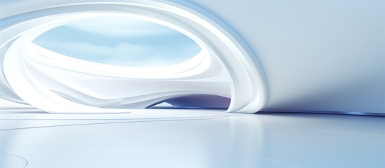 A modern, abstract white wall smoothly curves against a backdrop of blue, creating a striking visual contrast.