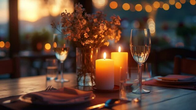 Romantic candlelit dinner setting with elegant decor and soft lighting. seamless looping 4k time-lapse animation video background