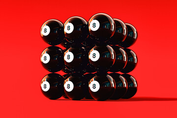 Cube made of Eight Balls on Red Background