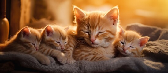 A group of kittens, including a young ginger kitten nursing from its mother, are cuddled together on a cozy blanket in a domestic setting. The kittens are surrounded by comfortable domesticated cats