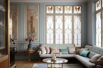 Geometric Patterns and Brass Accents: Art Nouveau Living Room in Pastel Colors