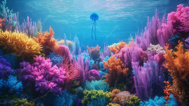 A dreamy underwater scene with colorful coral reefs and exotic jellyfish swimming. seamless looping 4k time-lapse video background 