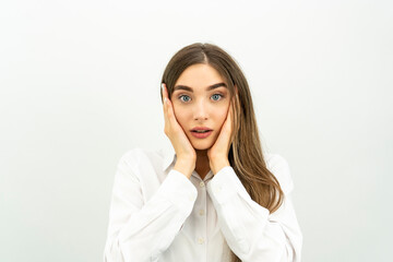 portrait of surprised businesswoman on white background