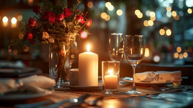 Romantic candlelit dinner setting with elegant decor and soft lighting. seamless looping 4k time-lapse animation video background