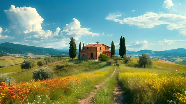 Charming rural landscape with rolling hills and rustic farmhouse. seamless looping 4k time-lapse video background