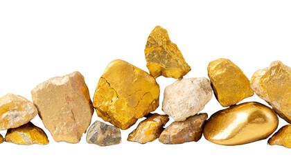 golden rock stones composition with rock stones layout on white background	